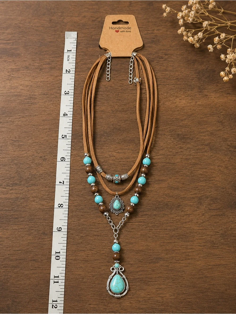 Boho Multi-Layer Vintage Turquoise Pendant Necklace, 18K Gold Plated